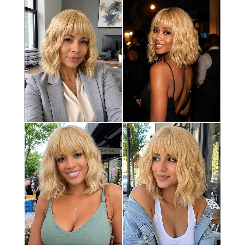 Gold Bob Wigs with Bangs 12 Inch Short Wavy Wig