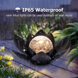 Huaxu Solar Lights Outdoor Garden Decor Metal Black Lotus Decoration, Crackle Globe Glass Waterproof LED Outside Table Lamp for Patio,Lawn, Yard,Walkway,Tabletop,Ground Gifts for Mom