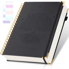 Spiral Notebook, College Ruled Notebook, 8" x 10", 300 Pages Leather Journals for Writing, B5 Hardcover Journaling Notebooks for Work School, 24pcs Tabs, Large Embossed Journal for Women Men, Black