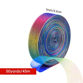 Yucenora 1 Inch 50 Yards Rainbow Shimmer Sheer Organza Chiffon Ribbon Colorful Clear Tulle Ribbon for Gift Wrapping, Crafts, Party Decoration Wreaths Decor