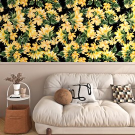 FunStick Vintage Dark Floral Peel and Stick Wallpaper Black Yellow Wallpaper Self Adhesive Daffodil Floral Wall Paper Removable Floral Contact Paper for Cabinets Bedroom Bathroom Wall Decor 17.5"x118"