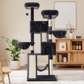 Allewie 65in Multi-Level Tall Cat Tree for Indoor Cats/Larger Tower with Wide Base/Cozy Plush Cat Perches/Cat Condo with Hammock/Sisal Scratching Posts/Dark Grey