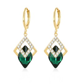 Emerald Green May Birthstone Gold Hoop Earrings for Women - Dangle Drop Earrings with Cubic Zirconia Embellished Geometric Frame