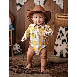 MOMBEBE COSLAND Baby Boys Western Cowboy Bodysuit, Infant Cotton Jumpsuit, Yellow, 6-12 Months