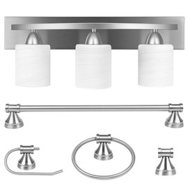 3-Light Bathroom Vanity Light Fixture, 5 Piece All-in-One Bath Sets, Bar, Towel Ring, Robe Hook, Toilet Paper Holder, Brushed Nickel with White Frosted Glass Vanity Light by PARTPHONER