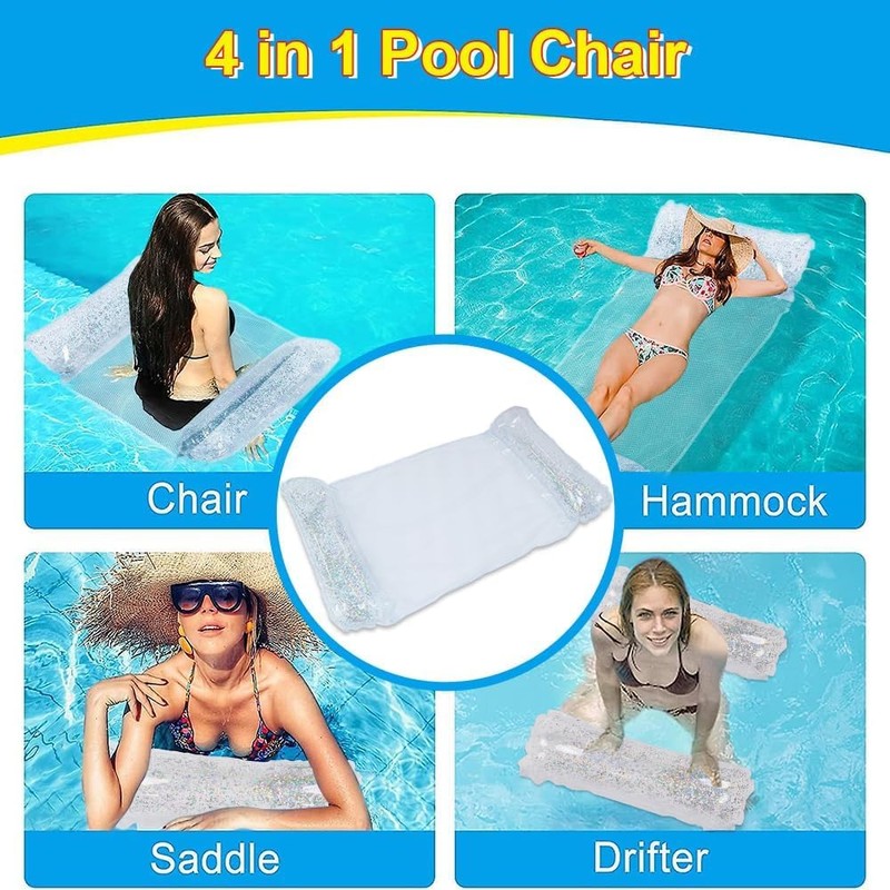 Inflatable Pool Hammock with Glitter, Floating Water Mat, Transparent Air