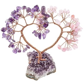 mookaitedecor Love Heart Crystal Stone Tree with Natural Amethyst Grape Base Happy Silver Tree for Home Decoration Wedding Ornament, Amethyst Stone & Rose Quartz Stone