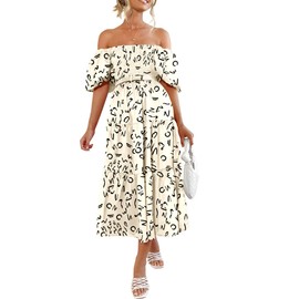 PRETTYGARDEN Women's Casual Summer Dress Puffy Short Sleeve Square Neck Smocked Tiered A Line Maxi Long Dresses (Print Apricot,X-Large)