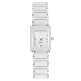 JewelryWe Men's Women's Couple Watch Quartz Analogue Rectangular Ceramic Band Partner Friendship Watch with Rhinestones Black White Gift Valentine's Day, Women, Bracelet