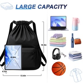Qoosea Gym Bag Drawstring Backpack, Large Capacity Sports Bag, Waterproof Nylon Gym Bag, Adjustable Drawstring Gym Bag for Men and Women, Sports Bag for Gym, Swimming, Sports, Travel, black