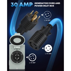 COOLTOP 30 Amp Generator Cord and Power Inlet Box Kit, 50FT 4 Prong Generator Extension Cord 10 Gauge Cable 125/250V NEMA L14‑30P to L14‑30R Pre-Drilled Inlet Box Emergency Power Kit, ETL Listed