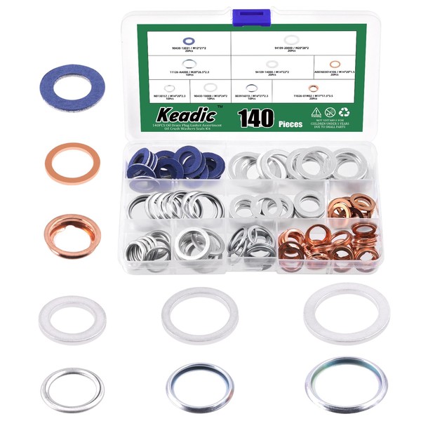 Keadic 140pcs 9 Sizes Oil Drain Plug Gaskets Washer Assortment