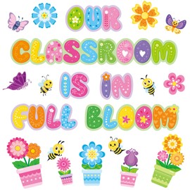 Kosiz 55 Pcs Flower Bulletin Board Decorations Back to School Classroom Flower Cutouts Butterfly Bee Bulletin Board Decor Our Classroom is in Full Bloom Cutouts for Home School Wall Decor