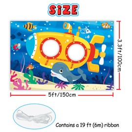 Cartoon Underwater World Backdrop 5 x 3.3 ft, Submarine Face in Hole Selfie Photo Prop, Seabed Whale Photography Background, Undersea Submarine Birthday Party Decoration Kids Face Cutout Photo Props