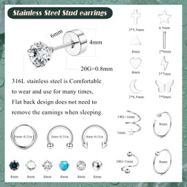 PATISORNA Surgical Steel Earrings for Women Men Silver Hoop Opal Star Moon Zirconia Flat Back Earrings Cartilage Small Silver Hoops Sets Helix Studs