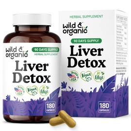 Wild & Organic Liver Detox Capsules - Milk Thistle Silymarin, Dandelion Root Cleanse Formula - Vegan Milk Thistle Supplement for Liver Support - 180 Capsules - 3-Month Supply - Non-GMO