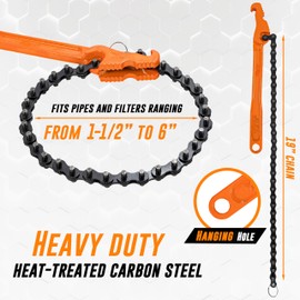 Mutt Tools 12" Chain Wrench - Heavy Duty Chain Pipe Wrench for 1-1/2" to 6" Pipes - Professional Chain Oil Filter Wrench for Mechanics and Plumbers