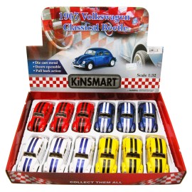 Kinsmart 1967 VOLKSWAGEN CLASSIC BEETLE W/STRIPES DIECAST CAR BOX OF 12 1/32 ASSORTED