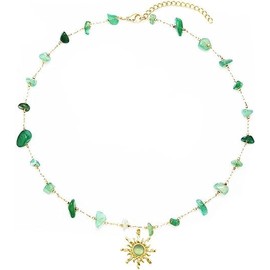 Crystal Sun Necklace for Women Natural Stone Crystal Choker Necklace 14K Gold Plated Sun Pendant Necklace Healing Crystal Necklace Christmas Trendy Jewelry for Women (green)