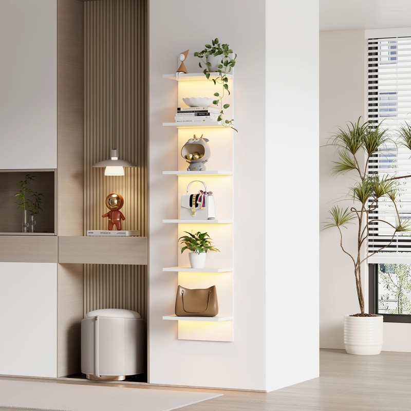 Qupui 6-Tier Wall Shelf with RGB LED, 57" Floating Storage,