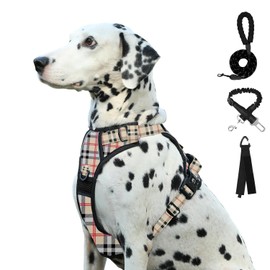 FURRYFECTION Plaid Dog Harness for Medium Dogs | No Pull Reflective Pet Harness | No Choke Adjustable Dog Vest Harnesses | with Leash | Easy Control Handle | Front Lead | Seat Belt | Beige&White | M