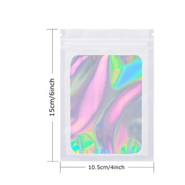 100 Pack Holographic Packaging Resealable Bags for Small Business -4 x 6 Inch Pouch Bags for Lipgloss Jewelry Cookies Sample - White