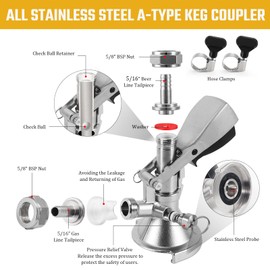 All 304 Stainless Steel A-Type Keg Coupler German Slider Keg Coupler Sankey Beer Keg Tap with Relief Valve- G5/8 Thread Commercial Grade Draft Connector for Beer, Soda, Kegerator Accessories