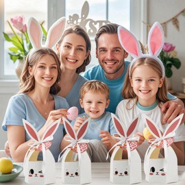 DUYUMOTO 20Pcs Bunny Easter Treat Boxes with Ribbon, Rabbit Ears Paper Decorative Gift Box, Egg Hunt Basket, Spring Party Container for Classroom Cookie Candy Sweet Favors