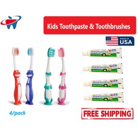 New World Imports Premium Child Toothbrush 27T Extra Soft with Kids Toothpaste, Bubblegum, 4/pack
