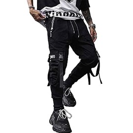 XYXIONGMAO Men's Jogger Pants Techwear Hip Hop Harem Pants Streetwear Tactical Track Pants (Black, S)