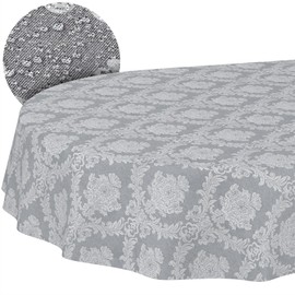 Fabric Tablecloth, Textile Table Linen, Cotton Polyester, Washable, Plain Ornamental Damask Jacquard Fabric, Washable, Baroque Grey, Oval, 180 x 140 cm, Cut Edge