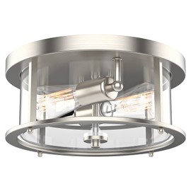 EAPUDUN Flush Mount Ceiling Light Fixtures, 12inch 2-Light Farmhouse Close to Ceiling Light Fixture with Clear Glass Shade, Brushed Nickel Finish for Porch, Entryway, Bedroom, FMA1413-BNK