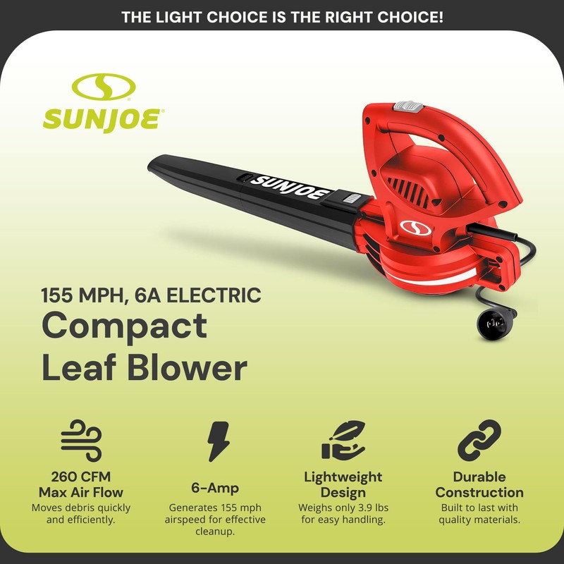 Sun Joe All-Purpose Electric Leaf Blower, 6-Amp Motor, 155 MPH,