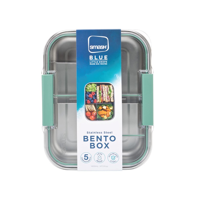 Smash Stainless Steel Bento Lunch Box, 5 Compartments, Sage, 1400ml