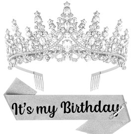 Araluky Silver Birthday Crown Adult Woman & Glitter It's My Birthday Sash for Women Birthday Tiara for Women Princess Tiara Birthday Hat Birthday Headband for Parties Favors Birthday Decorations