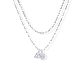 PAVOI Rhodium Plated Initial Letter Pendant Layered Necklace for Women - Alphabet Letter Statement Layering Necklace - Letter B, White Gold, Cubic Zirconia