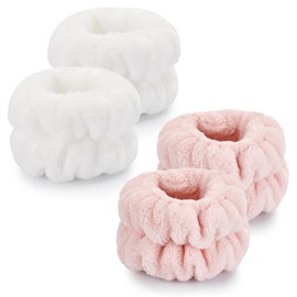 4 Pcs Wrist Towels for Washing Face-Dorbetar, Microfiber Wrist Bands for Washing Face, Spa Wristbands for Washing Face, Face Wash Wristbands, Arm Bands for Washing Face for Woman Children（White,Pink）