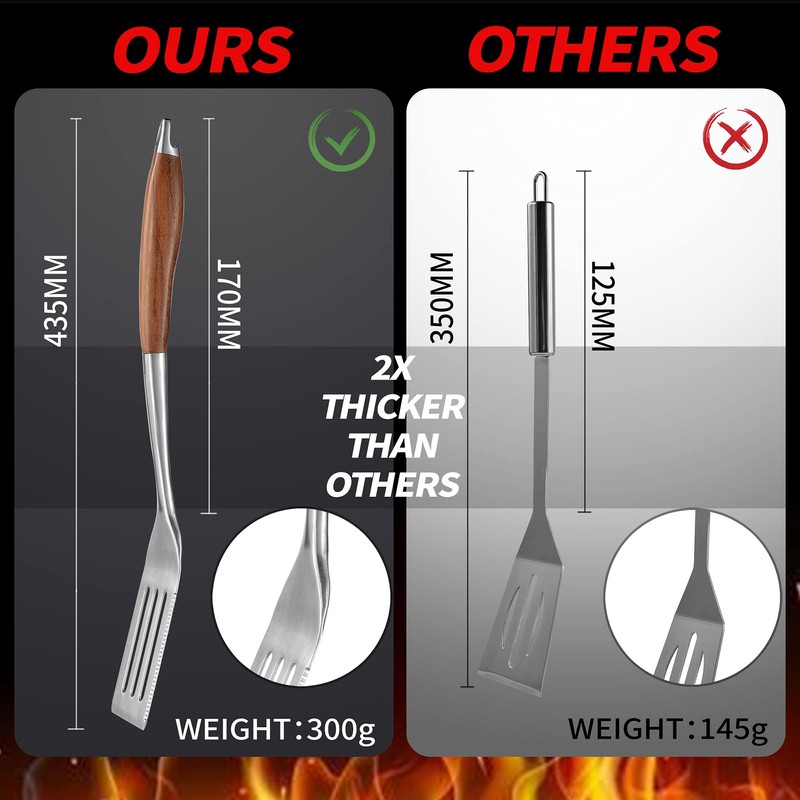 GRILAZ Heavy-Duty Rose Wooden BBQ Grilling Tools Set. Extra Thick