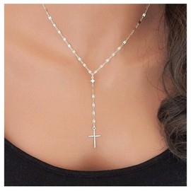 Allereya Vintage Cross Pendant Necklace Crystal Cross Drop Y Necklace Minimalist Religious Necklace Silver Cz Cross Y Lariat Necklace Jewelry for Women and Girls (Silver)