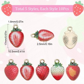 SUNNYCLUE 1 Box of 50 Pieces 5 Colours Strawberry Charms Large Fruit Charms Mini Alloy Gold Enamel Red Sweet Fruits Food Strawberry Charm for Jewellery Making Charms Women's Bracelets Earrings