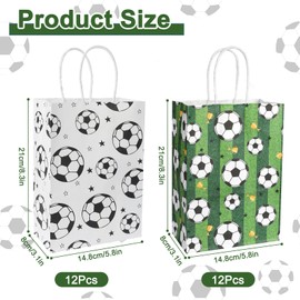 Pinsit 24Pcs Soccer Party Favor Paper Bags, Soccer Themed Party Bags, Soccer Goodie Bags with Handles, Treat Candy Gift Bags for Kids Adults Soccer Party Supplies (White+Green)