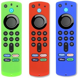 Pinowu Firestick Remote Covers (3pcs) Compatible with Alexa Voice Remote (3rd Gen) with Fire TV Stick 4K, Silicone Cases with Lanyard (Glow Green & Blue & Red)