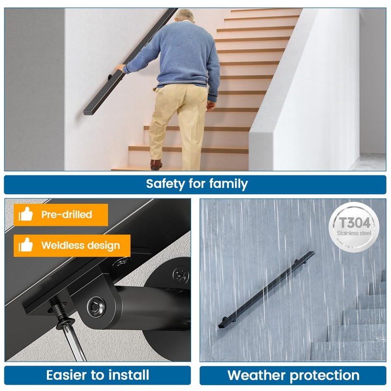 Muzata 5Ft Pre-drilled Stair Handrail 1"x2" Rectangular Black Finish Wall