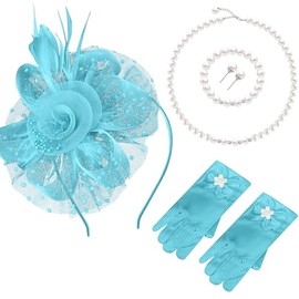 Junkin 5 Pcs Tea Party Gloves Hats Necklace Bracelet Earring Tea Party Accessories for Wedding First Communion Party Supplies(Light Blue)