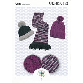Aran Knitting Pattern for Ladies Ribbed or Cabled Pom Pom Hat & Tweed Scarf (UKHKA 152)