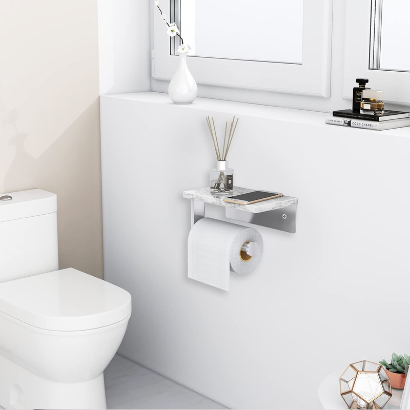 Gypie Brushed Nickel Toilet Paper Holder with Natural Marble Shelf,