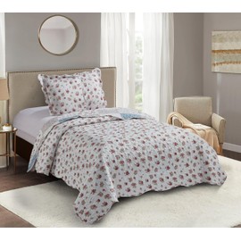 Brilliant Sunshine Pink Rose with Small Blue Check Patchwork, 2-Piece Quilt Set with 1 Sham, Reversible Bedspread, Soft Lightweight Coverlet, All-Season, Twin, Pink Blue