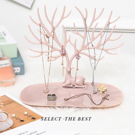 YCYUYK Jewelry Display Stand Hanging Organizer Table Top Necklace Holder Bracelet Ring Holder Trinket Tray Tree Stand Pink