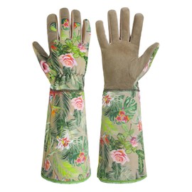 HANDLANDY Leather Gardening Gloves for Women, Thorn Proof Breathable Ladies Rose Pruning Garden Gauntlet Yard Gloves, Gift for Gardeners (Khaki, XL)