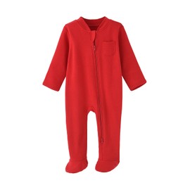 BINIDUCKLING Baby Boys Girls Double Zip Up Sleepsuit - Two-Way Zipper, Baby Footed Pajamas with Mitten Cuffs - Cotton Long Sleeve Onesie for Baby Grows 6-9 Month, Red and Black